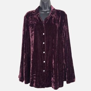J Jill Velvet Shirt L Deep Burgundy Silk Rayon Blend Button Up Long Sleeve
